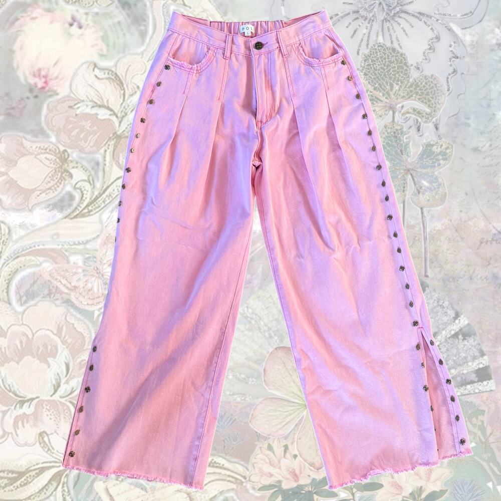 POL Clothing "Pretty Pink" Wide-Leg Studded Jeans - Size Large (Style BPB218-2)